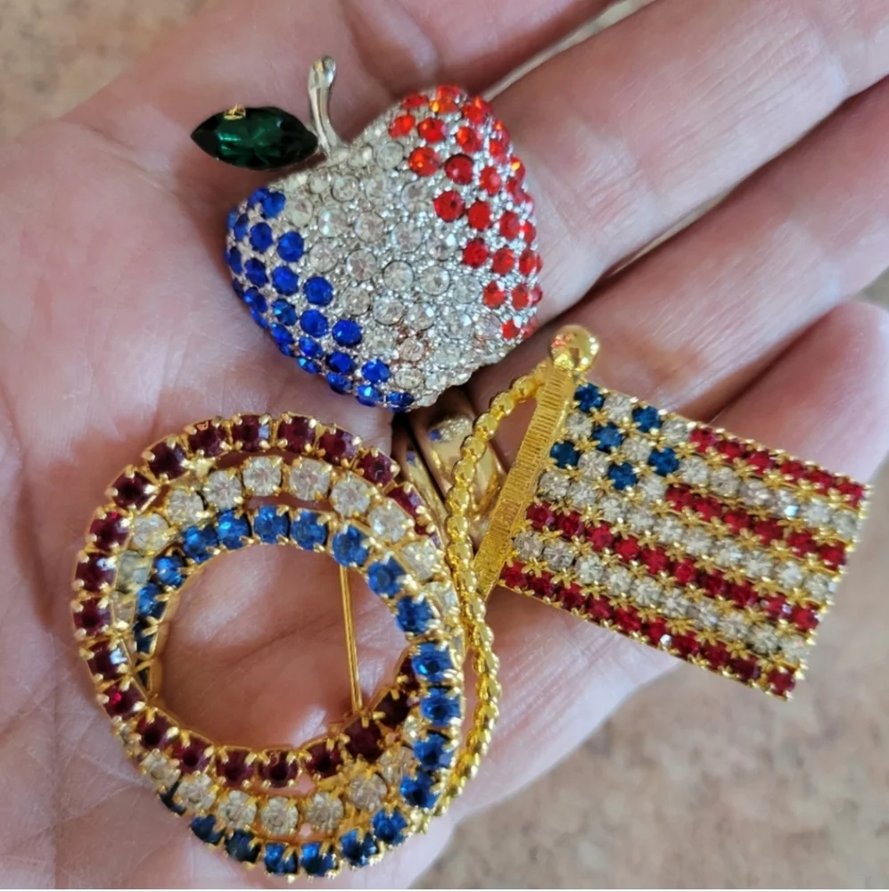 Patriotic Brooch Trio ~ Red, White & Blue ~ Flag, Apple, Circles ~ July 4th ~ US